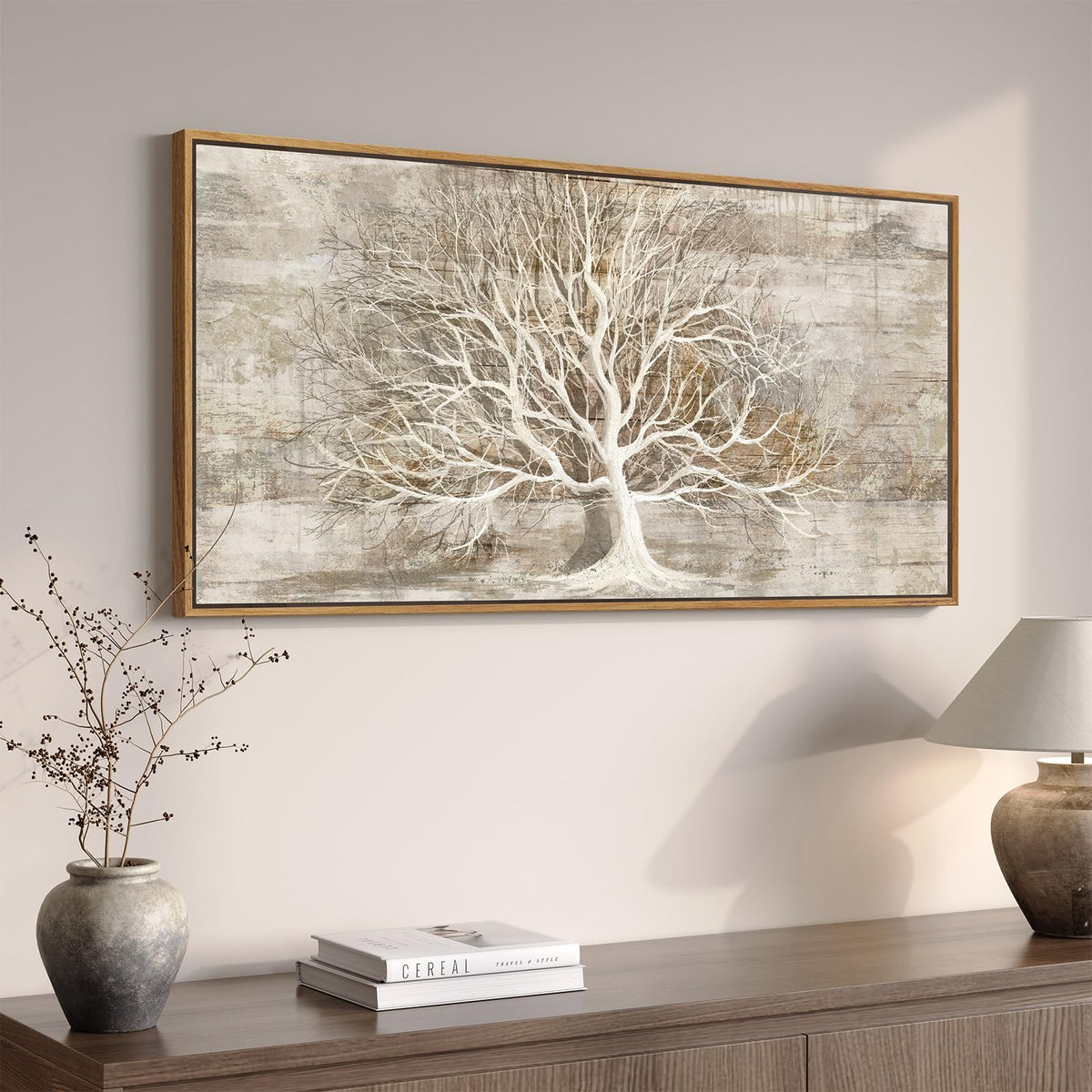 Framed Vintage Neutral Tree of Life Wall Art for Living Room, 20x40 In