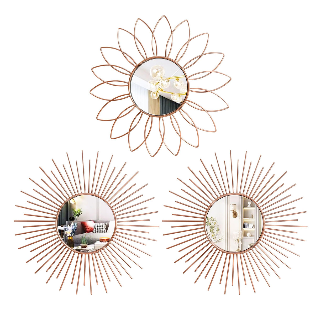 3 Pack Metal Mirrors for Wall Gold Sunburst Wall Mirror Home Decor Accent