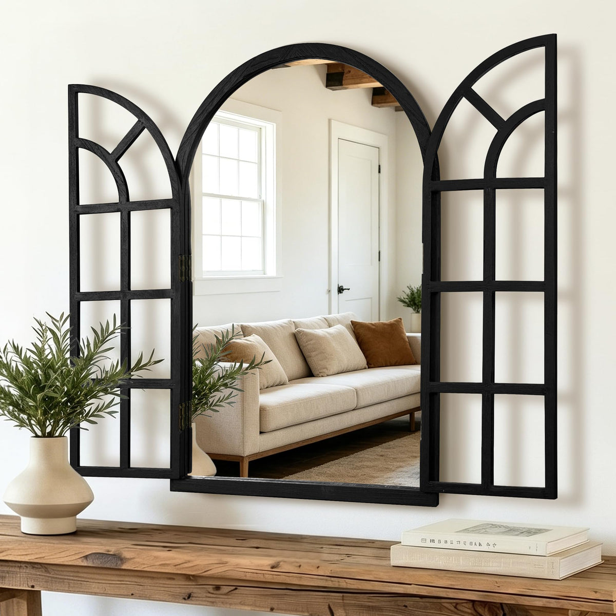 Arched Wood Mirror for Wall, 28" x 40" Rustic Farmhouse Mirror, Black