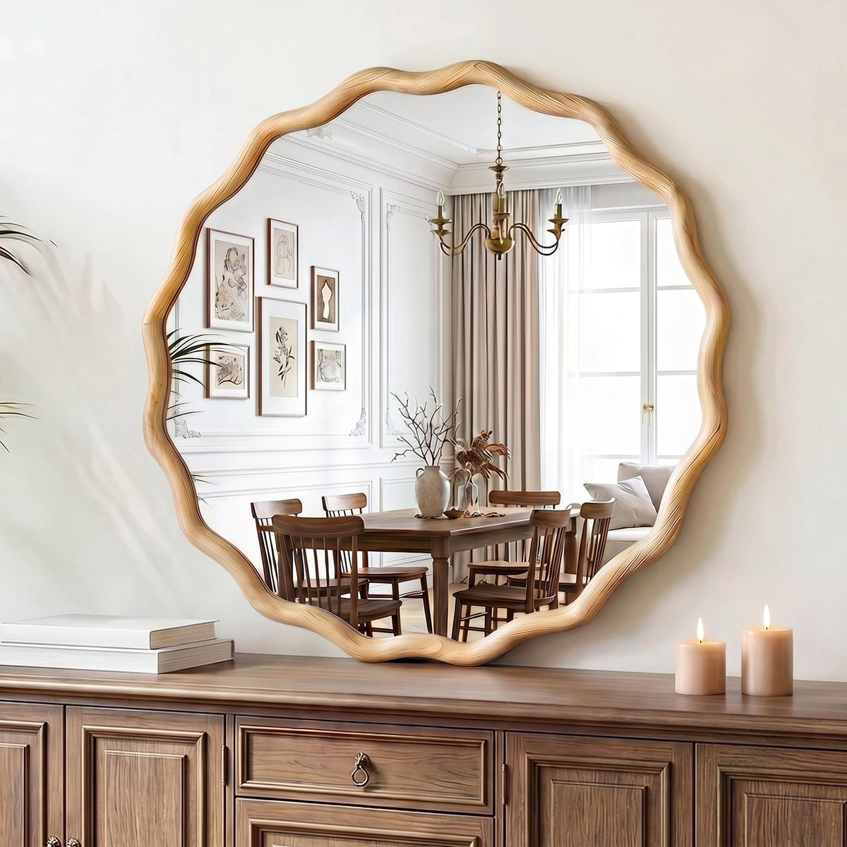 FICTOR Round Wood Wall Mirror, 36" Boho Wavy Circle Mirror