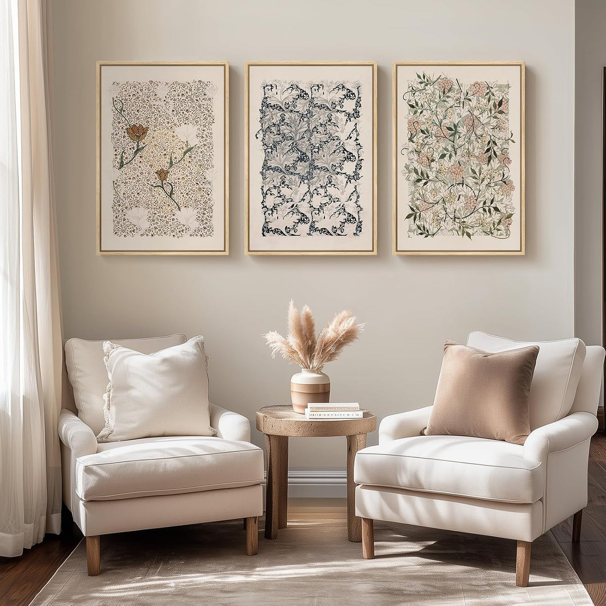 Framed Vintage William Morris Boho Canvas Wall Art for Living Room, 3 Piece