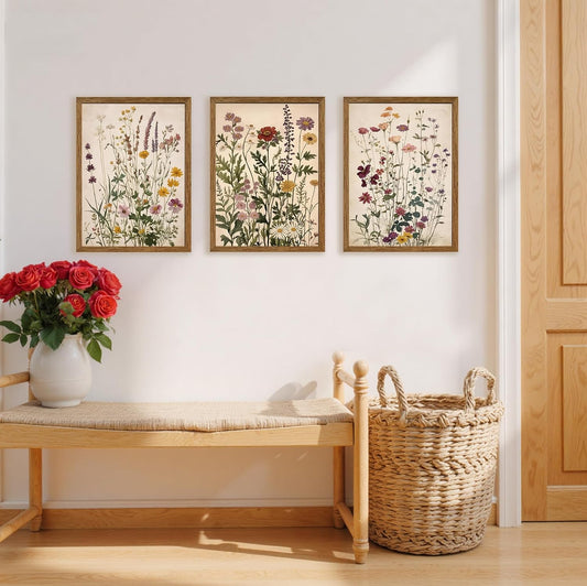 AVECCO 3 Piece Vintage Wildflower Botanical Framed Canvas Wall Art 12x16 in
