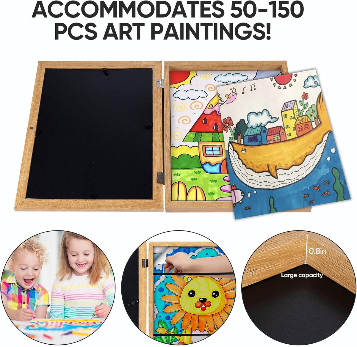[3-Pack Kids Artwork Frames Changeable - Front Opening Holds 150,Children Art Projects Kids Art Frames,10x12.5 Child Picture Frame for Display,With Storage(Wood)