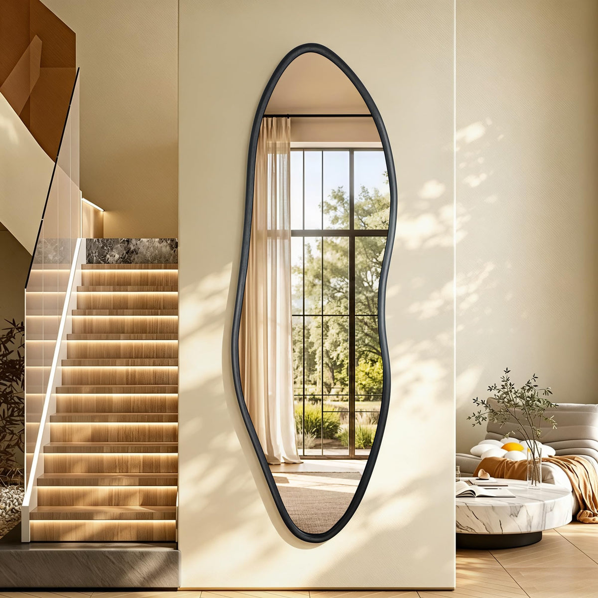 Irregular Full Length Mirror, 65"x22" Wood Full Body Mirror Walnut
