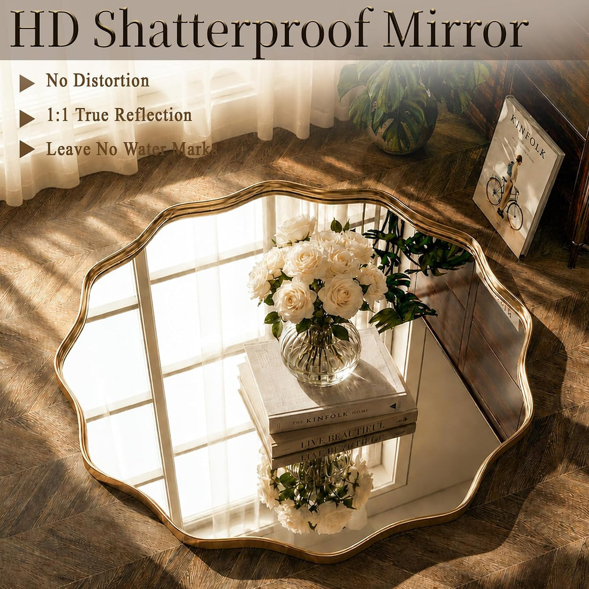 VooBang Gold Scalloped Circle Mirror, 24" Wavy Edge Round Wall Mirror