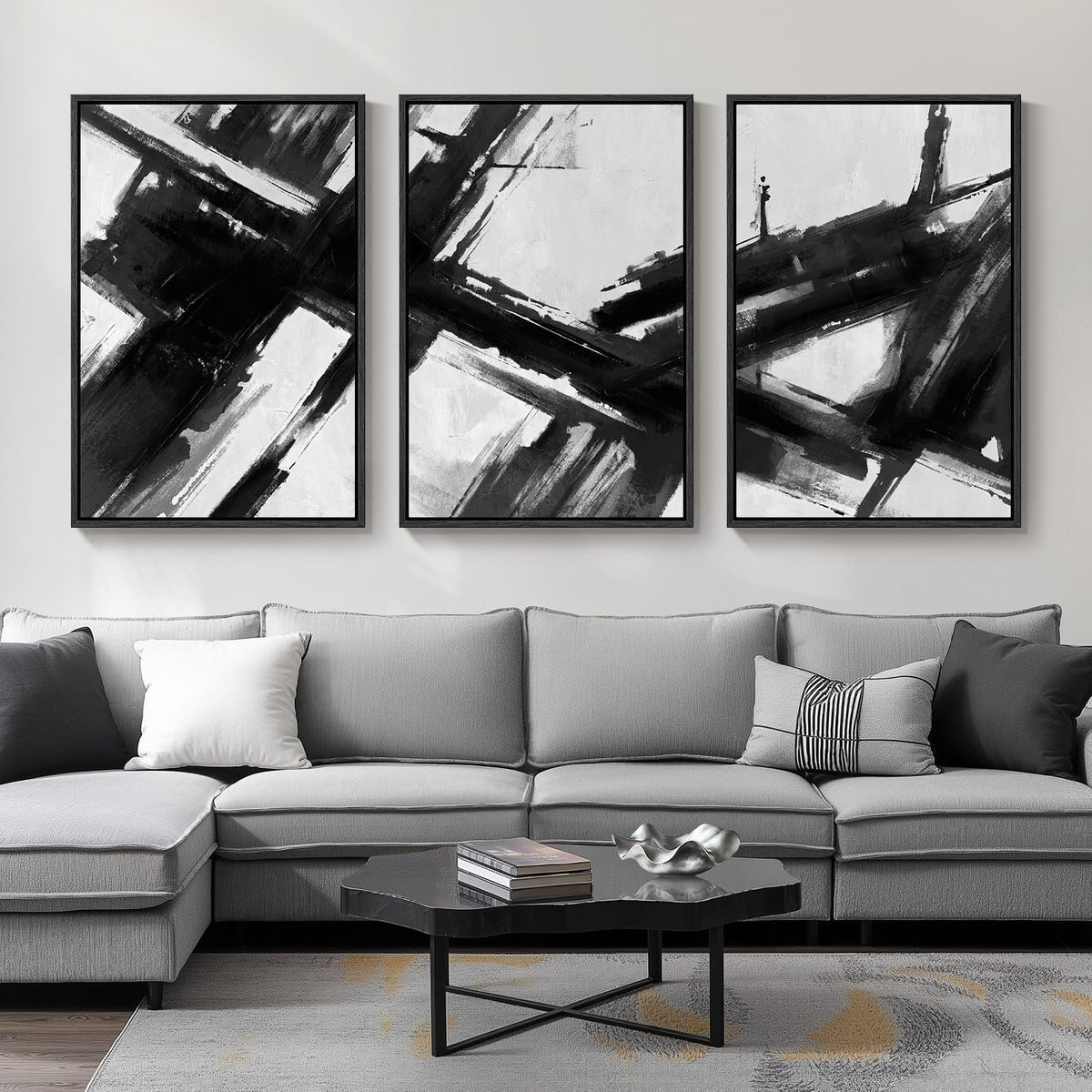 Large Framed Blue and Gray Abstract Wall Art for Living Room, 3 Piece 24x36
