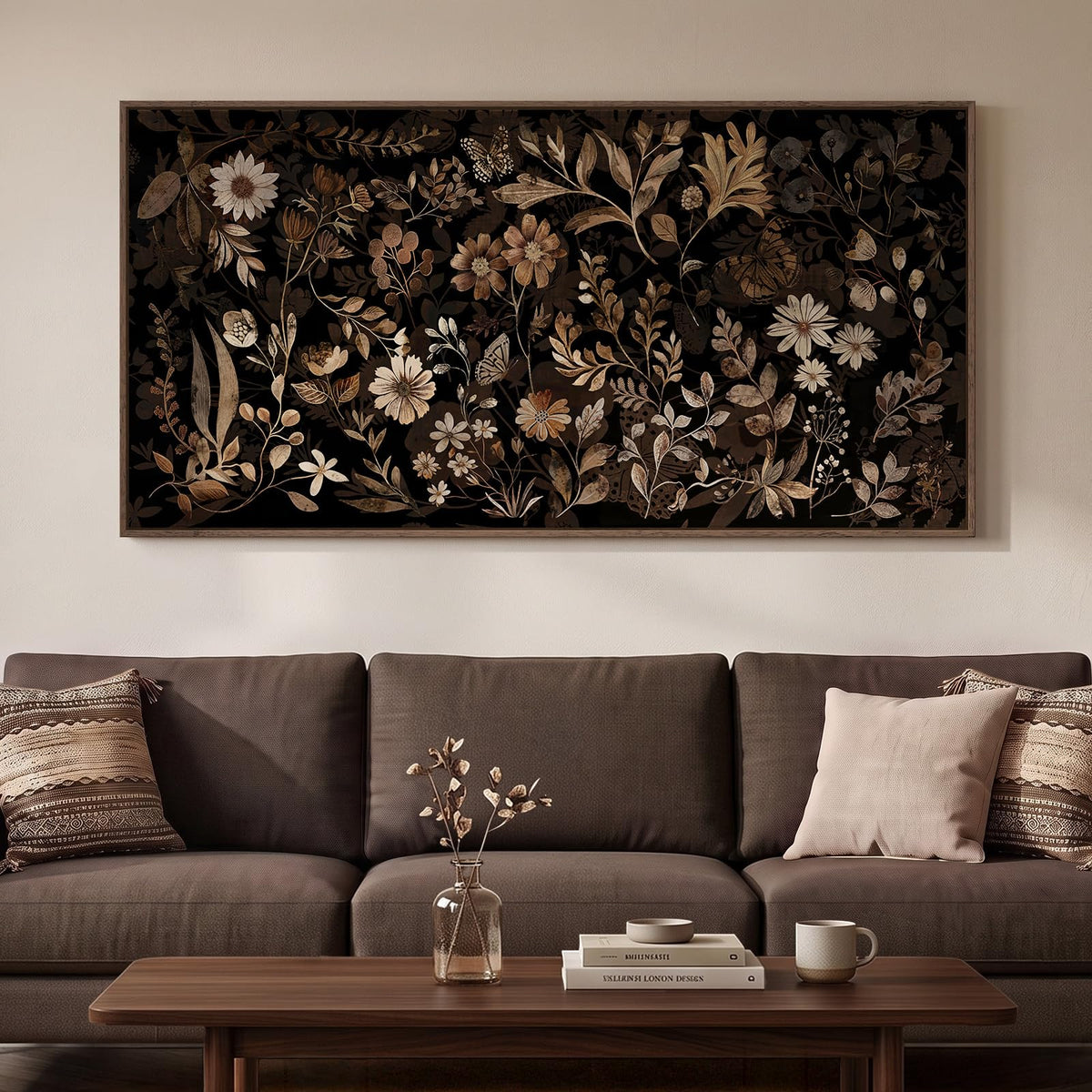 Extra Large Framed Vintage Rustic Floral Wall Art for Living Room, 60x30 In