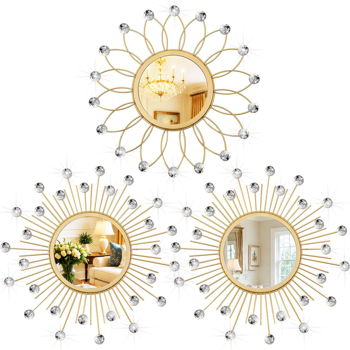 3 Pack Metal Mirrors for Wall Gold Sunburst Wall Mirror Home Decor Accent