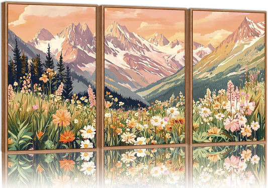 SIGNINART Vintage Floral Framed Canvas Wall Art Set, Large Mountains Nature Landscape Wall Decor, Bohemian Wildflower Forest Artwork, Pink Ridge Art Printing for Living Room Bedroom Office 16"x24"x3