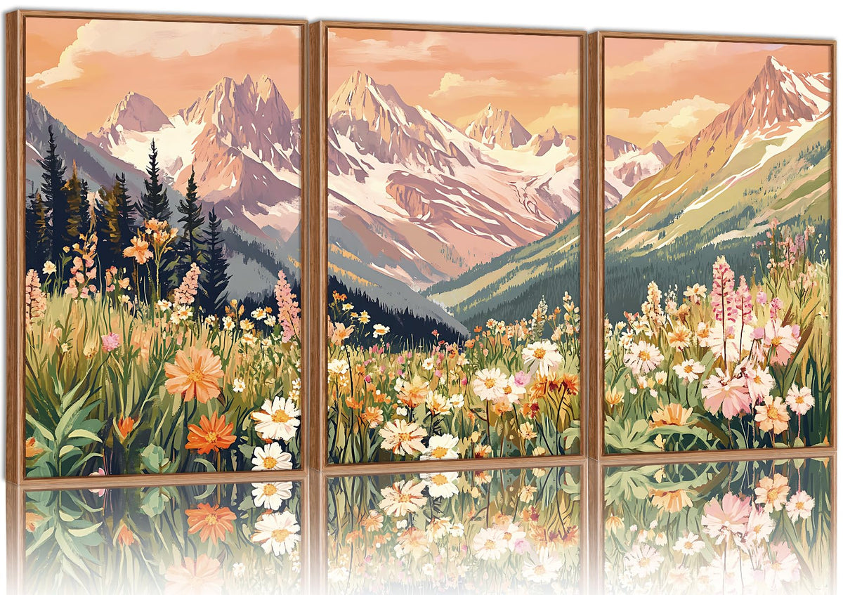 SIGNINART Orange Floral Framed Canvas Wall Art Set of 3, Mid Century Modern Flower Wall Decor, Neutral Plant Artwork, Boho Botanical Art Prints for Bedroom Living Room Office 16"x24"x3