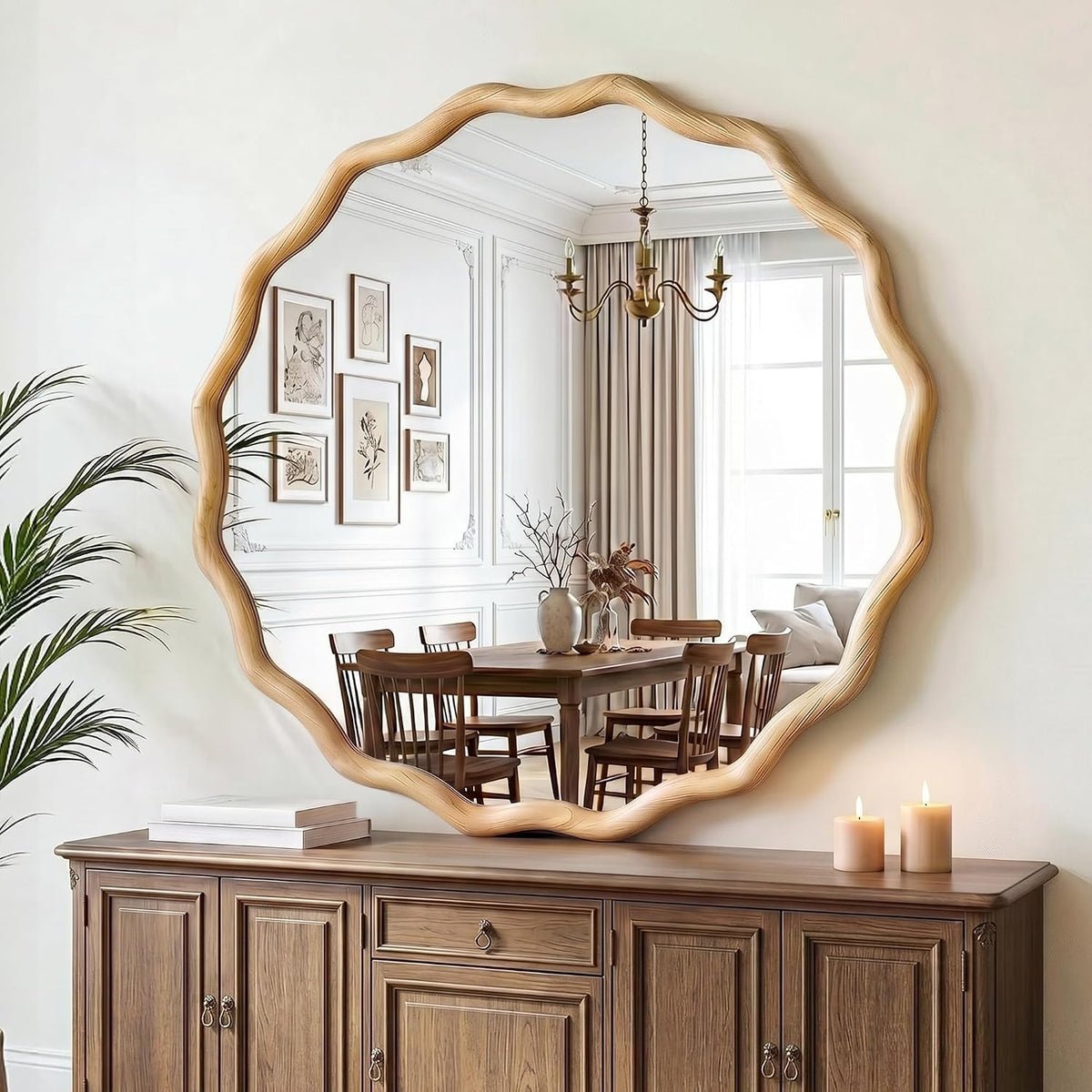 FICTOR Round Wood Wall Mirror, 36" Boho Wavy Circle Mirror