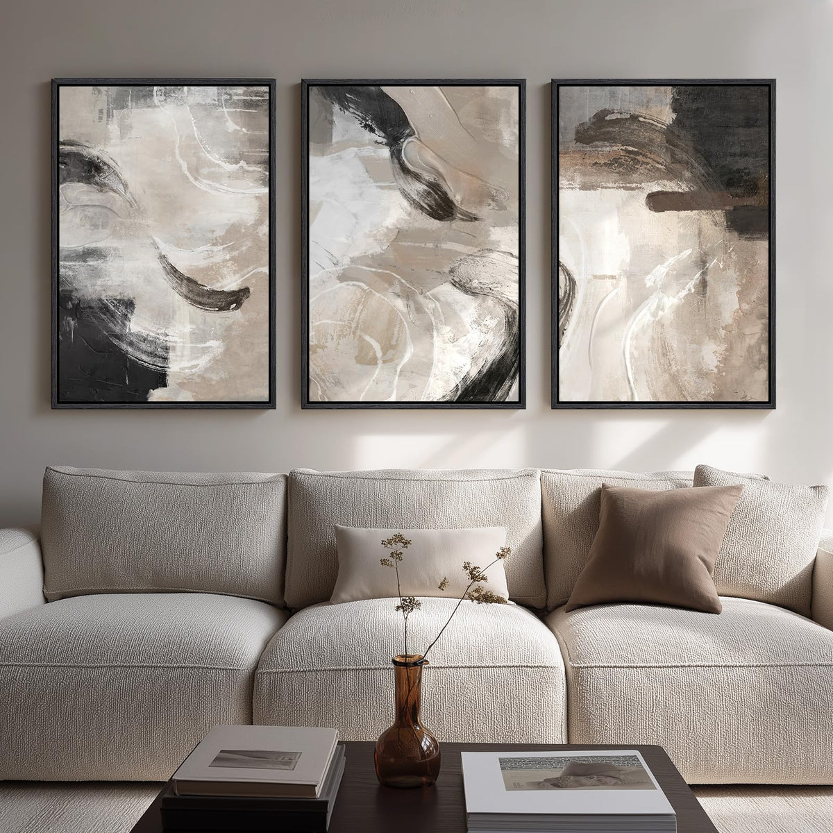 Framed Modern Minimalist Neutral Abstract Wall Art, Set of 3, Each 16x24 In