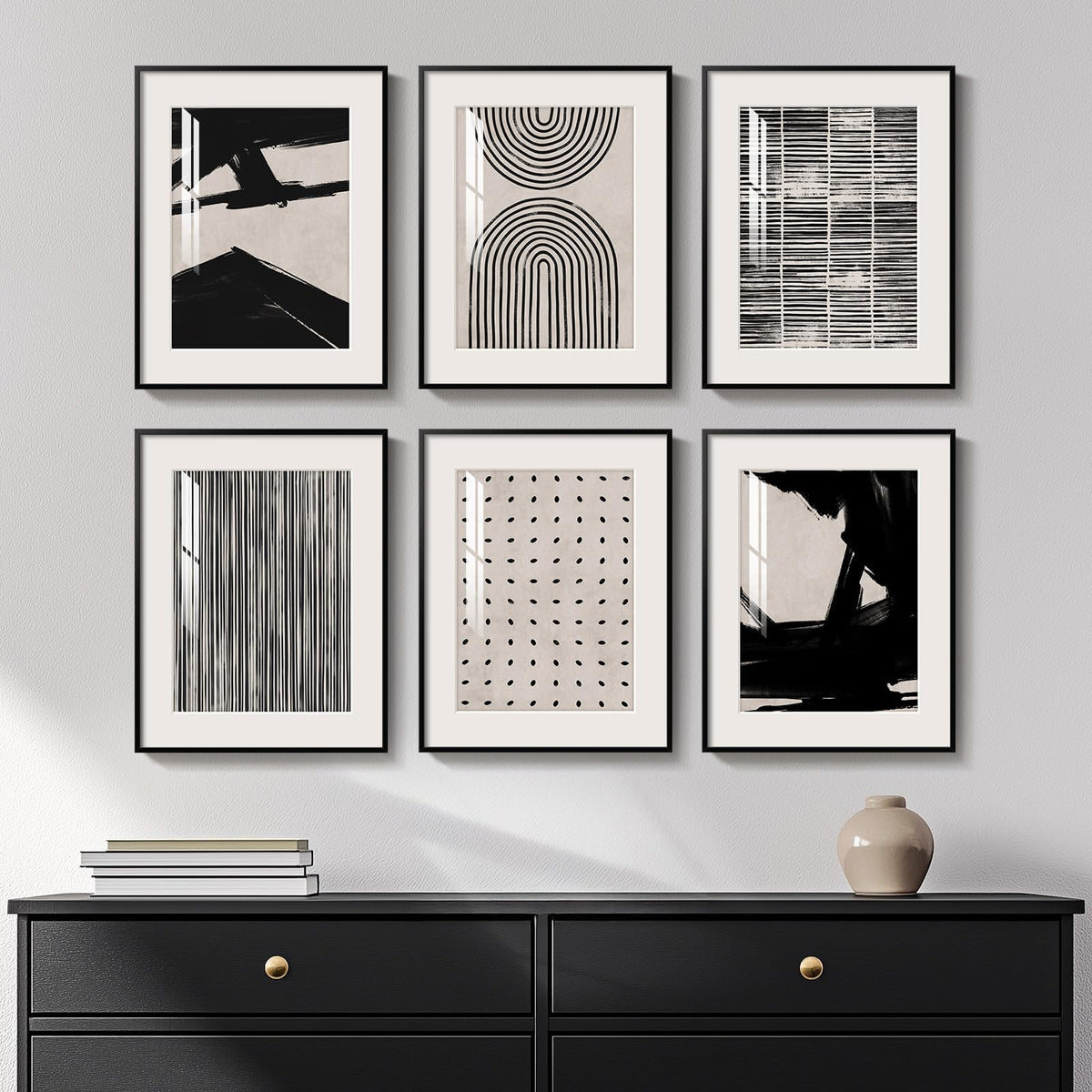 Framed Boho Black and White Brown Modern Abstract Wall Art for Living Room
