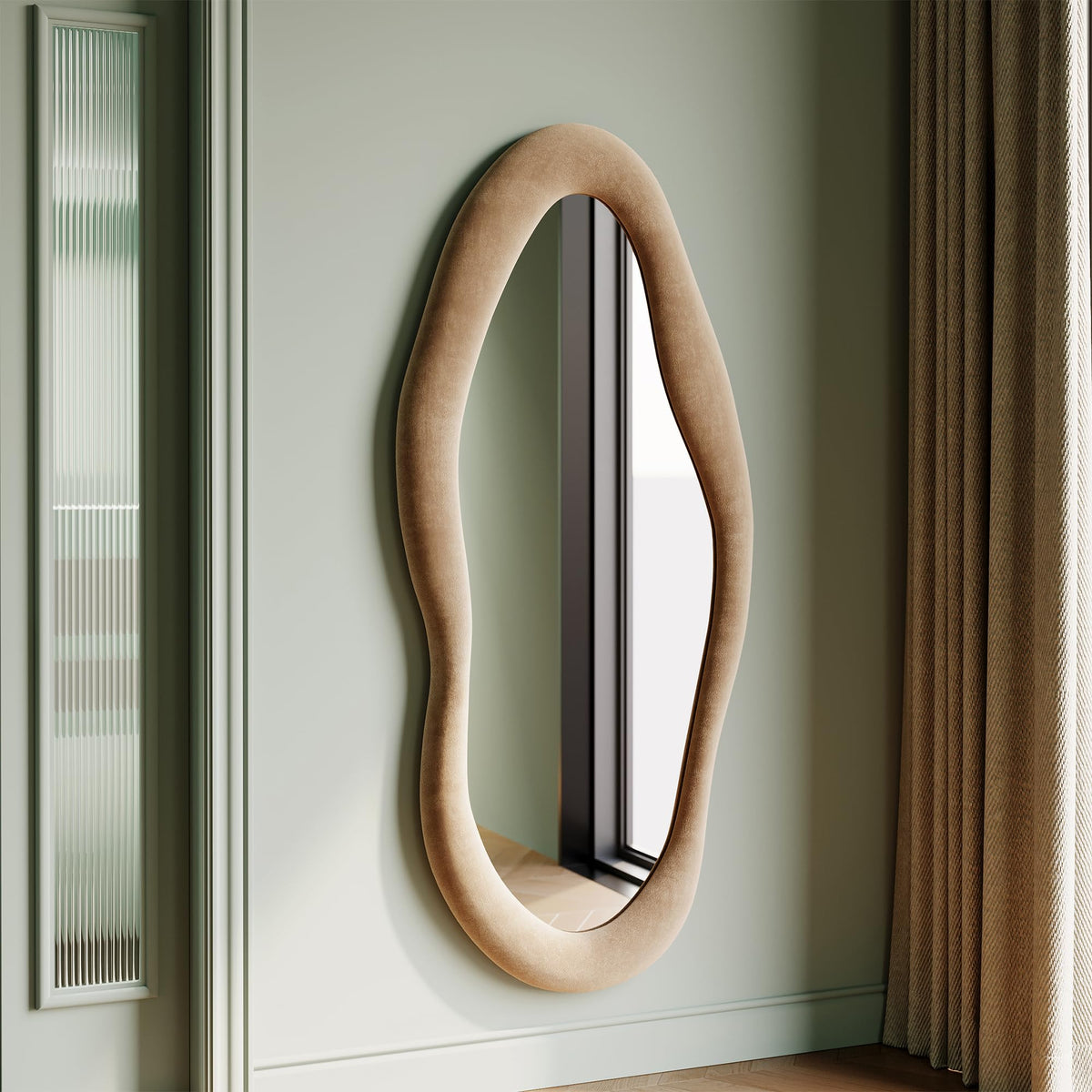 Honyee 55" x 24" Wall Mirror, Flannel Wrapped Wooden Frame Wavy Mirror, Irregular Mirror Hanging for Cloakroom/Bedroom/Living Room, Ivory White