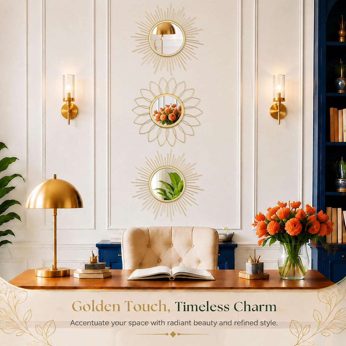 3 Pack Metal Mirrors for Wall Gold Sunburst Wall Mirror Home Decor Accent