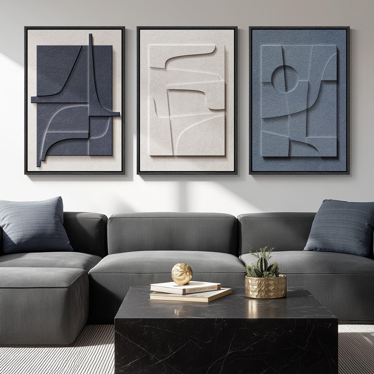 Large Framed Blue Abstract Wall Art for Living Room, Modern 3D Artwork