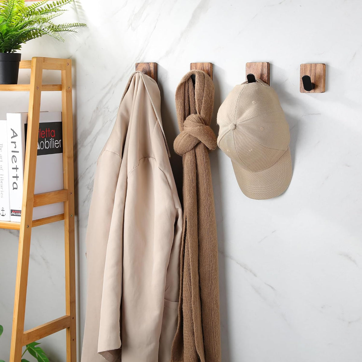 DELITON Towel Hooks for Bathrooms, Wood Decorative Adhesive Hanging Hook