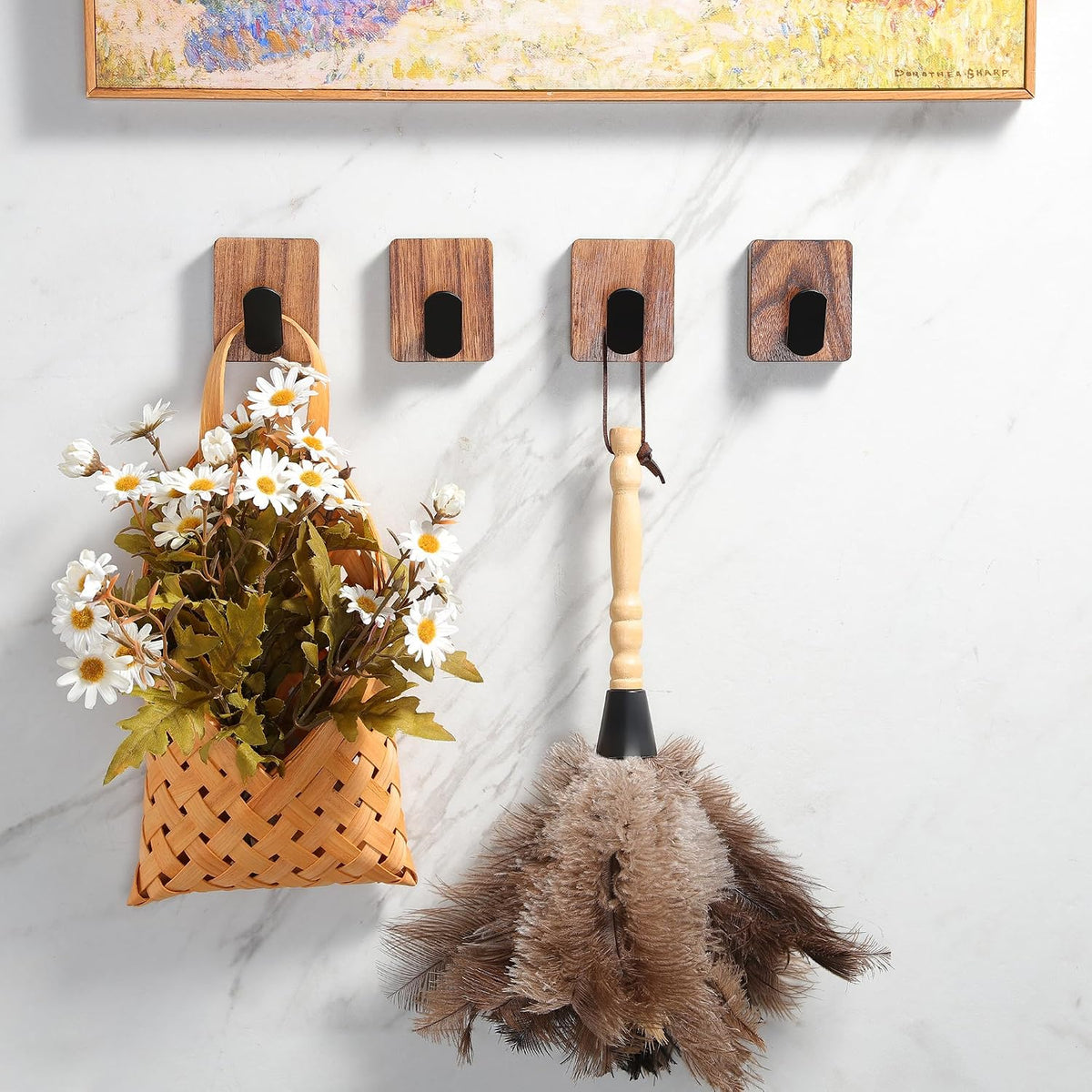 DELITON Towel Hooks for Bathrooms, Wood Decorative Adhesive Hanging Hook