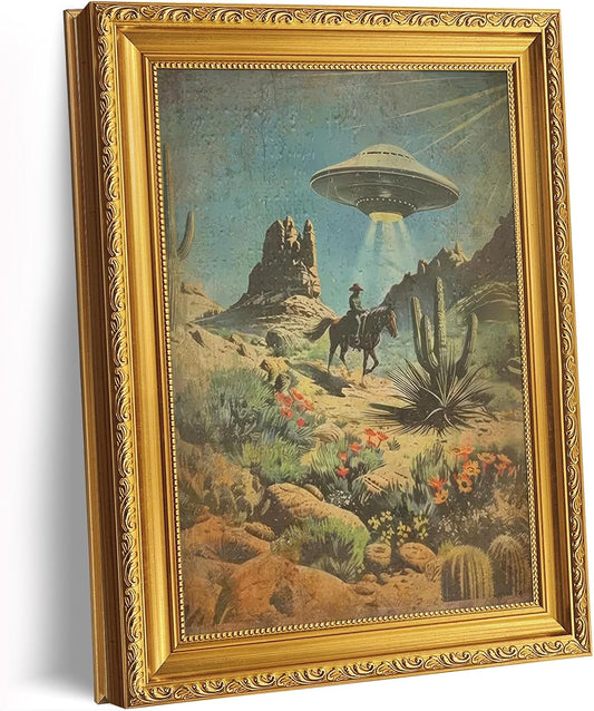Gold Framed UFO Canvas Wall Art Alien Western Cowboy Abduction Picture Wall Decor Vintage Intergalactic Painting Prints Frame Desert Cactus Artwork for Living Room Bedroom Home 9x11 inch