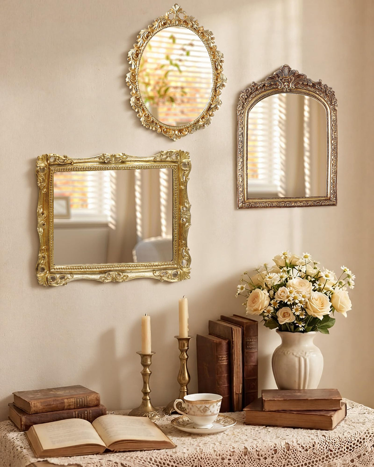 Wonderjune 3 Pcs Vintage Gold Wall Mirror Set, Classic Style
