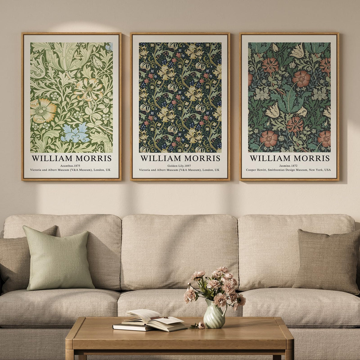 Framed Vintage William Morris Boho Canvas Wall Art for Living Room, 3 Piece