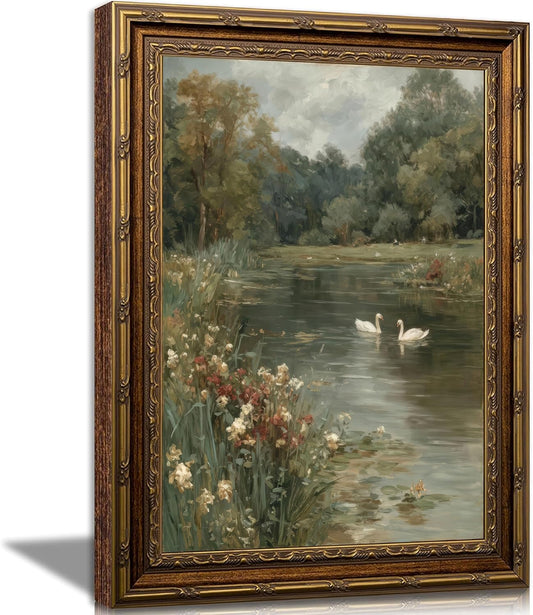 Vintage Framed Landscape Wall Art,Swan Lake canvas print 24" L x 16" W