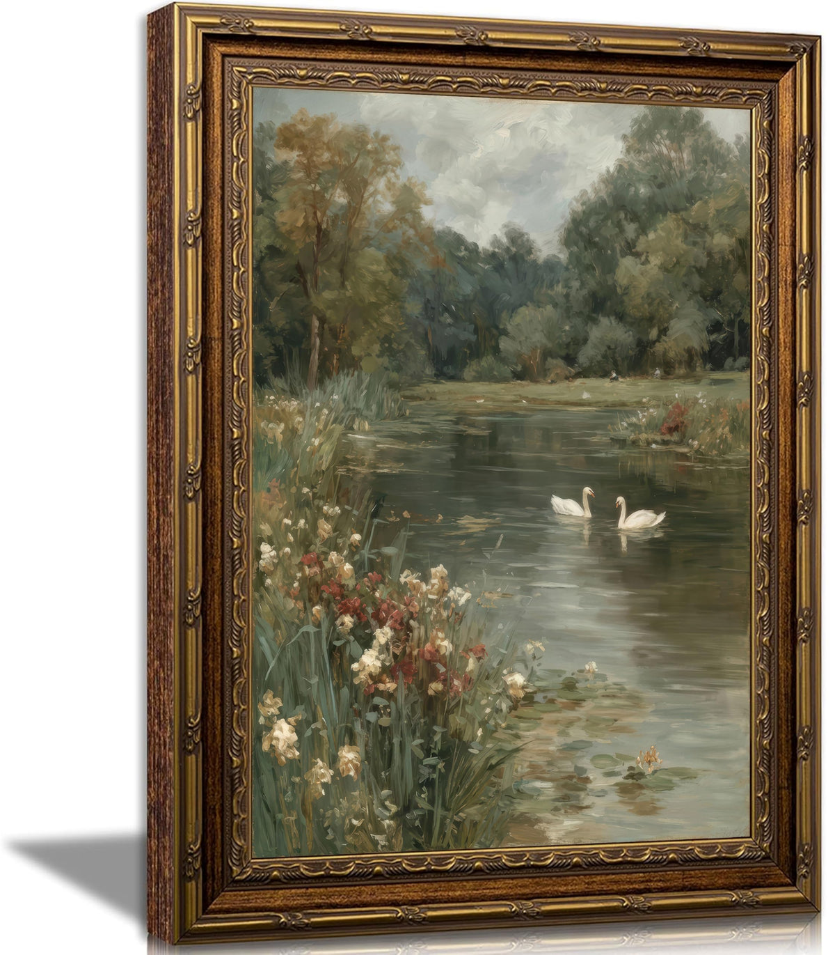 Vintage Framed Landscape Wall Art,Swan Lake canvas print 24" L x 16" W