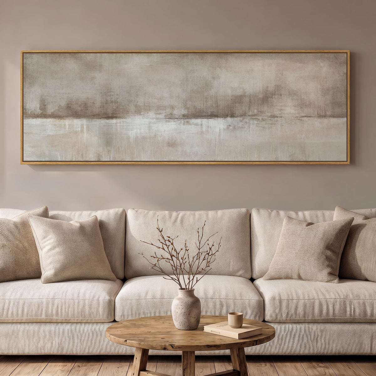 Large Framed Neutal Abstract Landscape Wall Art for Living Room, 60x30 In