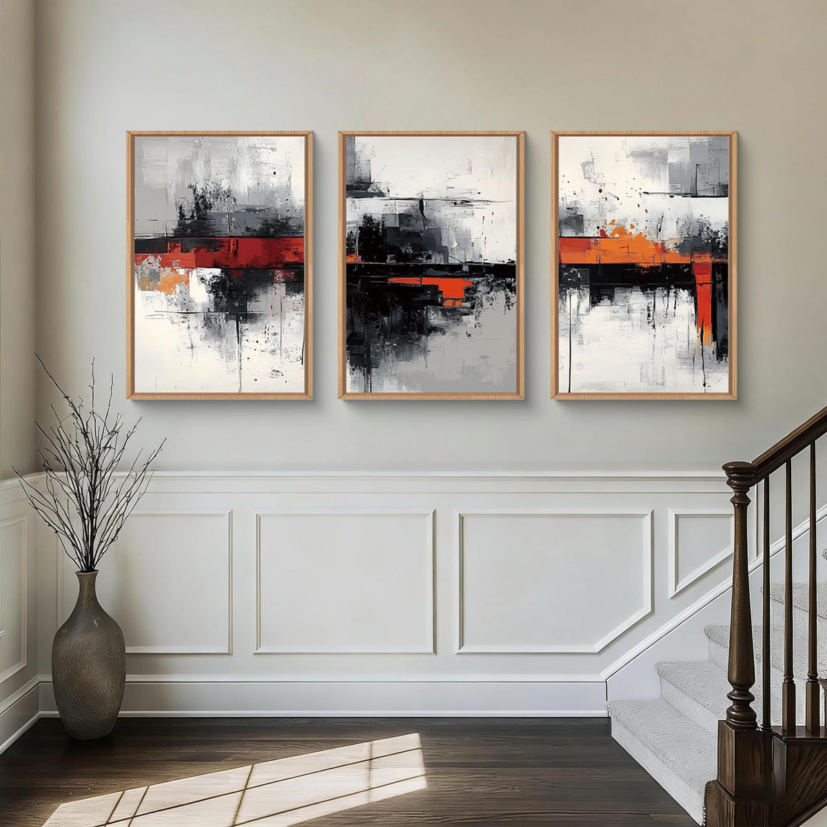 HOURIA Blue White Abstract Neutral Framed Canvas Wall Art Set- 16"x24"x3