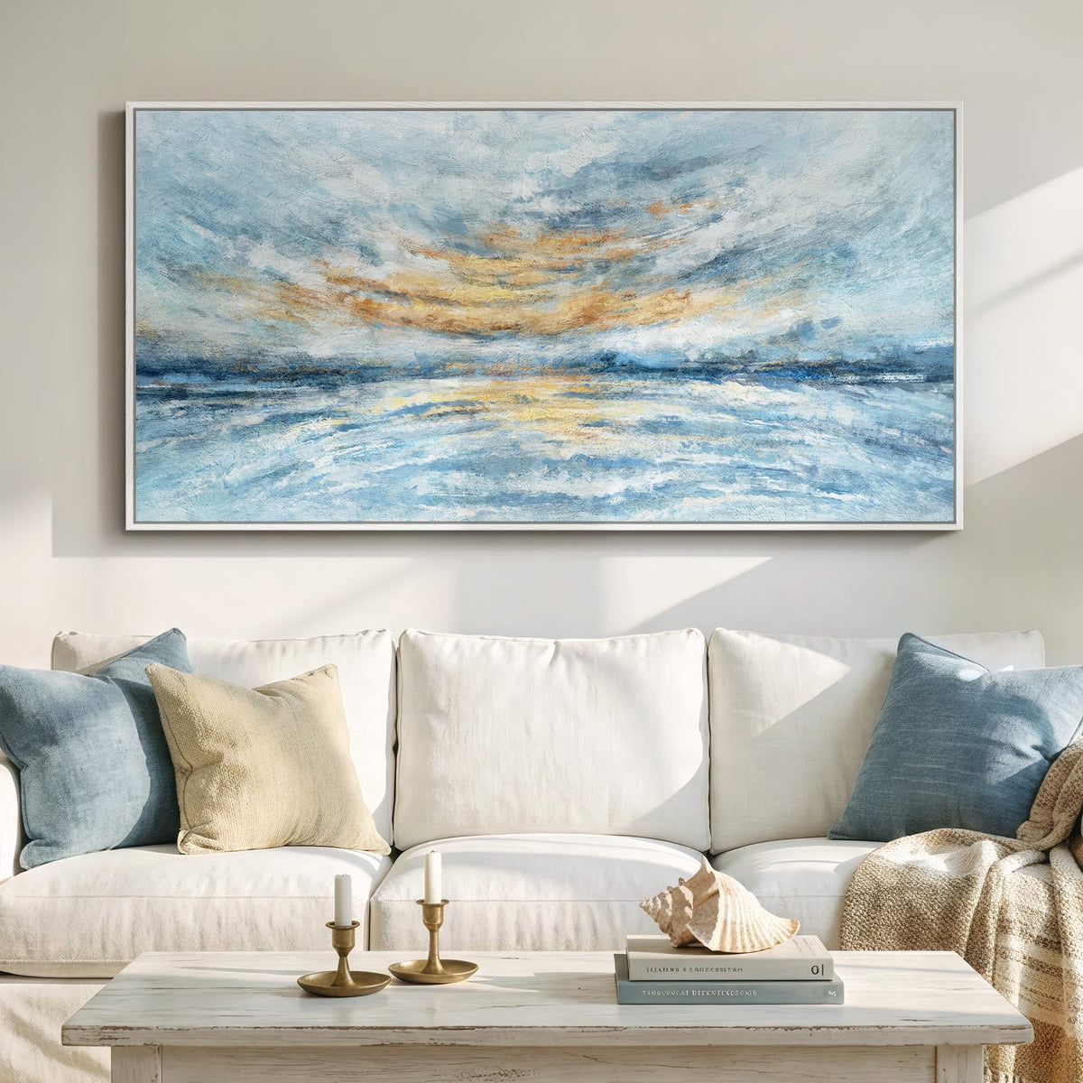 Large Framed Neutal Abstract Landscape Wall Art for Living Room, 60x30 In