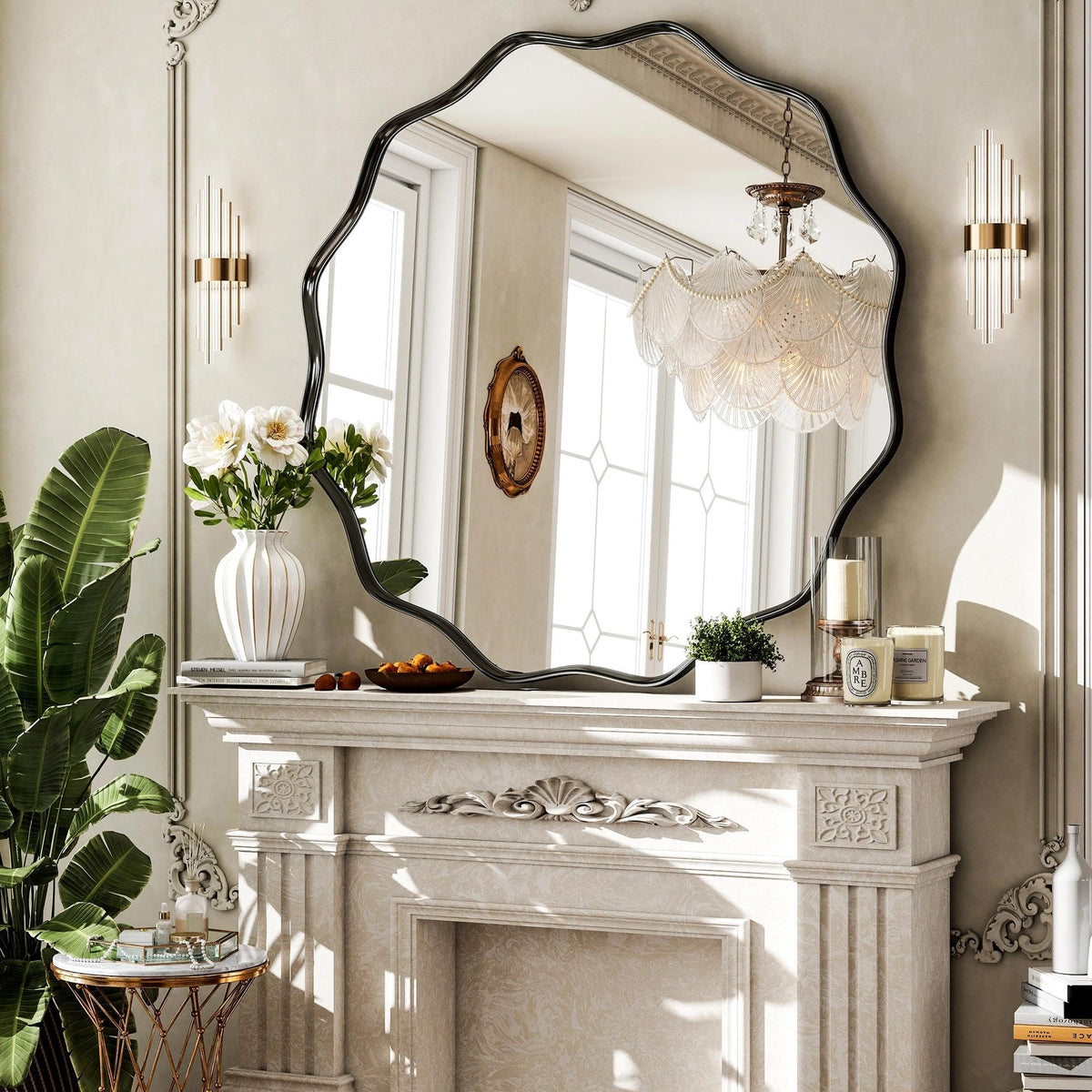 VooBang Gold Scalloped Circle Mirror, 24" Wavy Edge Round Wall Mirror