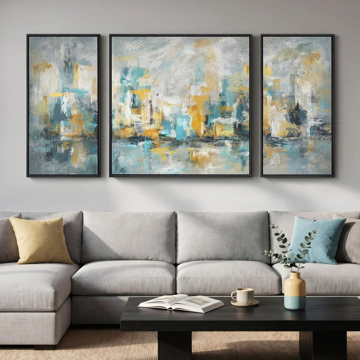 Large Framed Blue and Gray Abstract Wall Art for Living Room, 3 Piece 24x36