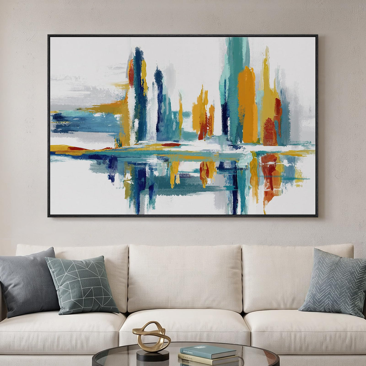 Large Framed Neutral Abstract Wall Art for Living Room, Horizontal 30x60 In