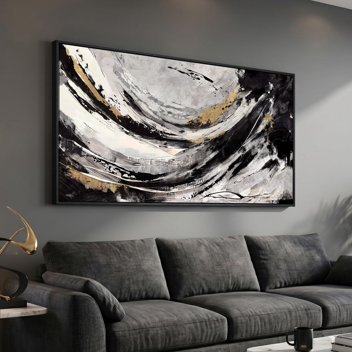 Large Framed Neutal Abstract Landscape Wall Art for Living Room, 60x30 In