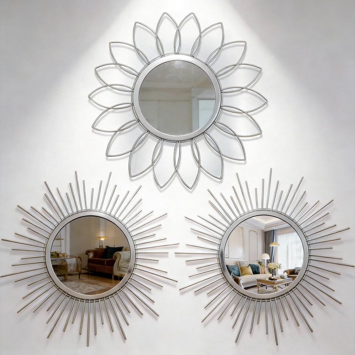 Boho Sunburst Wall Mirror Set of 3, 12 Inch Round Antique & Modern Metal Wall Art, Hanging Over The Door Mirrors for Wall Decor in Living Room, Bedroom, Bathroom, Entryway（Gold）