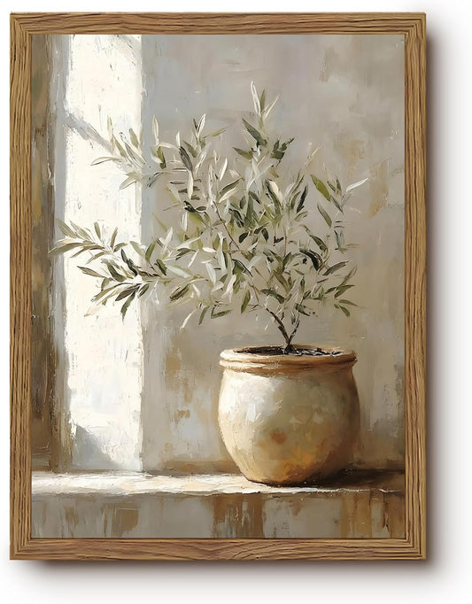 Vintage Framed Olive Tree Canvas Wall Art, Neutral Botanical Pictures Wall Decor, Rustic Potted Plant Paintings Prints, Organic Modern Farmhouse Artwork for Living Room Bedroom 12x16 Inch