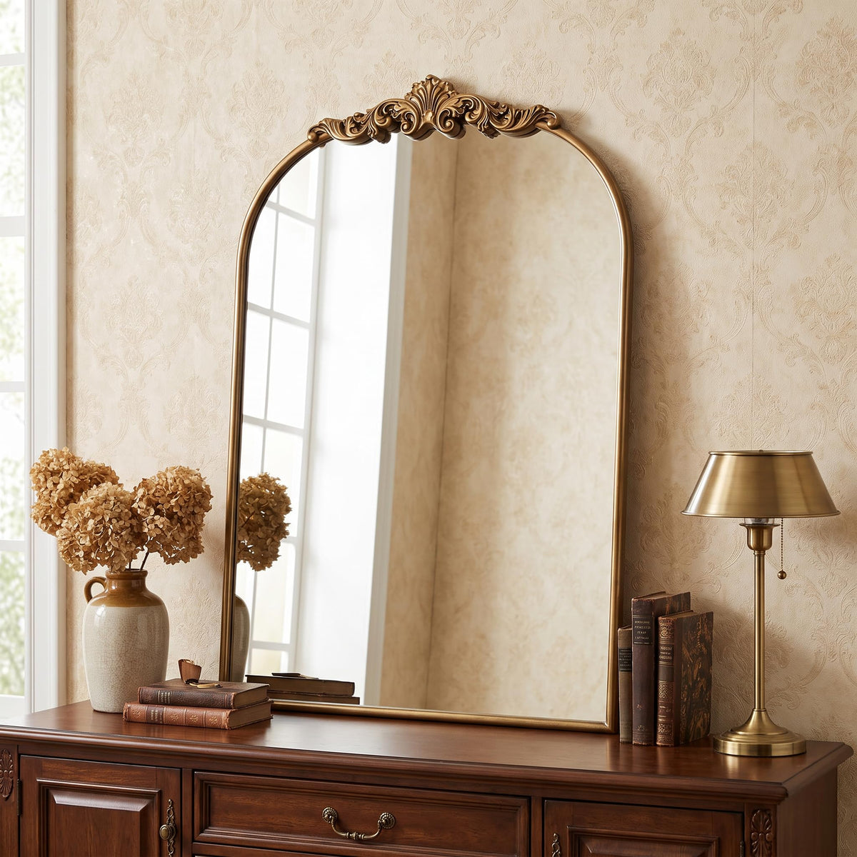 Antique Gold Arched Wall Mirror, 36" x 28" Beaded Mirror