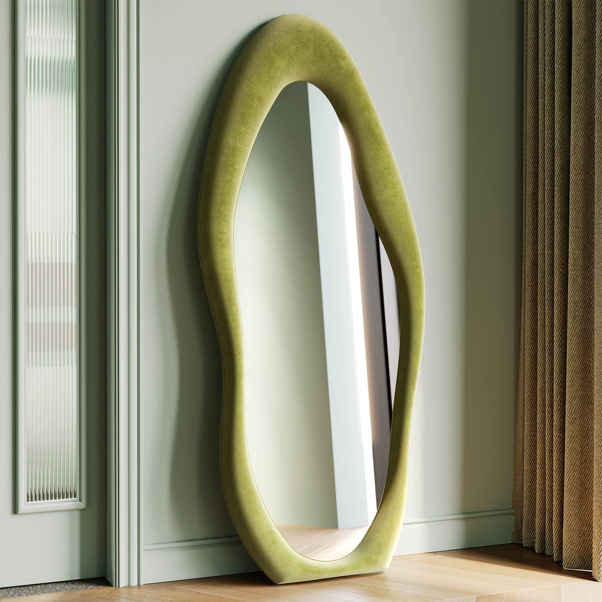 Honyee 55" x 24" Wall Mirror, Flannel Wrapped Wooden Frame Wavy Mirror, Irregular Mirror Hanging for Cloakroom/Bedroom/Living Room, Ivory White