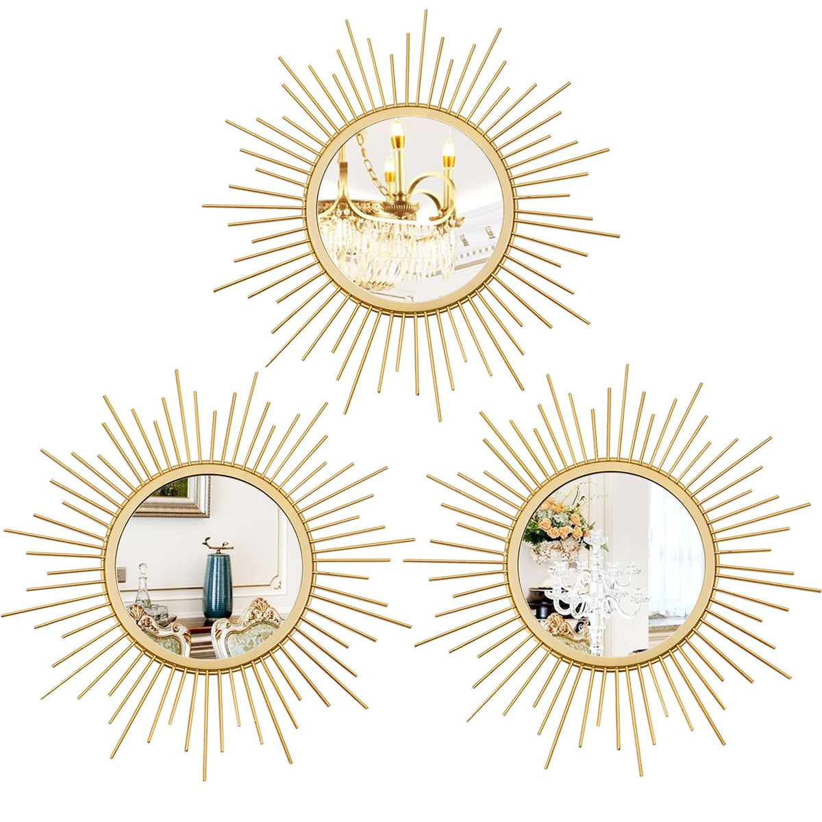 3 Pack Metal Mirrors for Wall Gold Sunburst Wall Mirror Home Decor Accent
