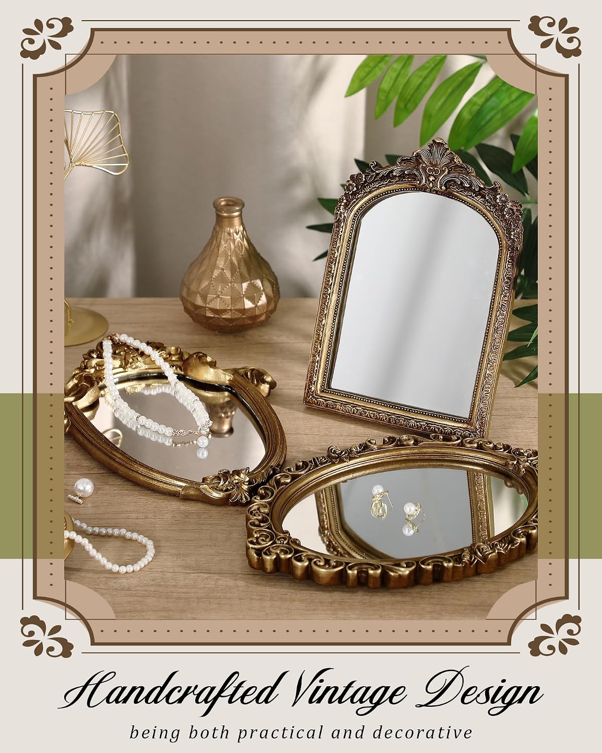 Wonderjune 3 Pcs Vintage Gold Wall Mirror Set, Classic Style