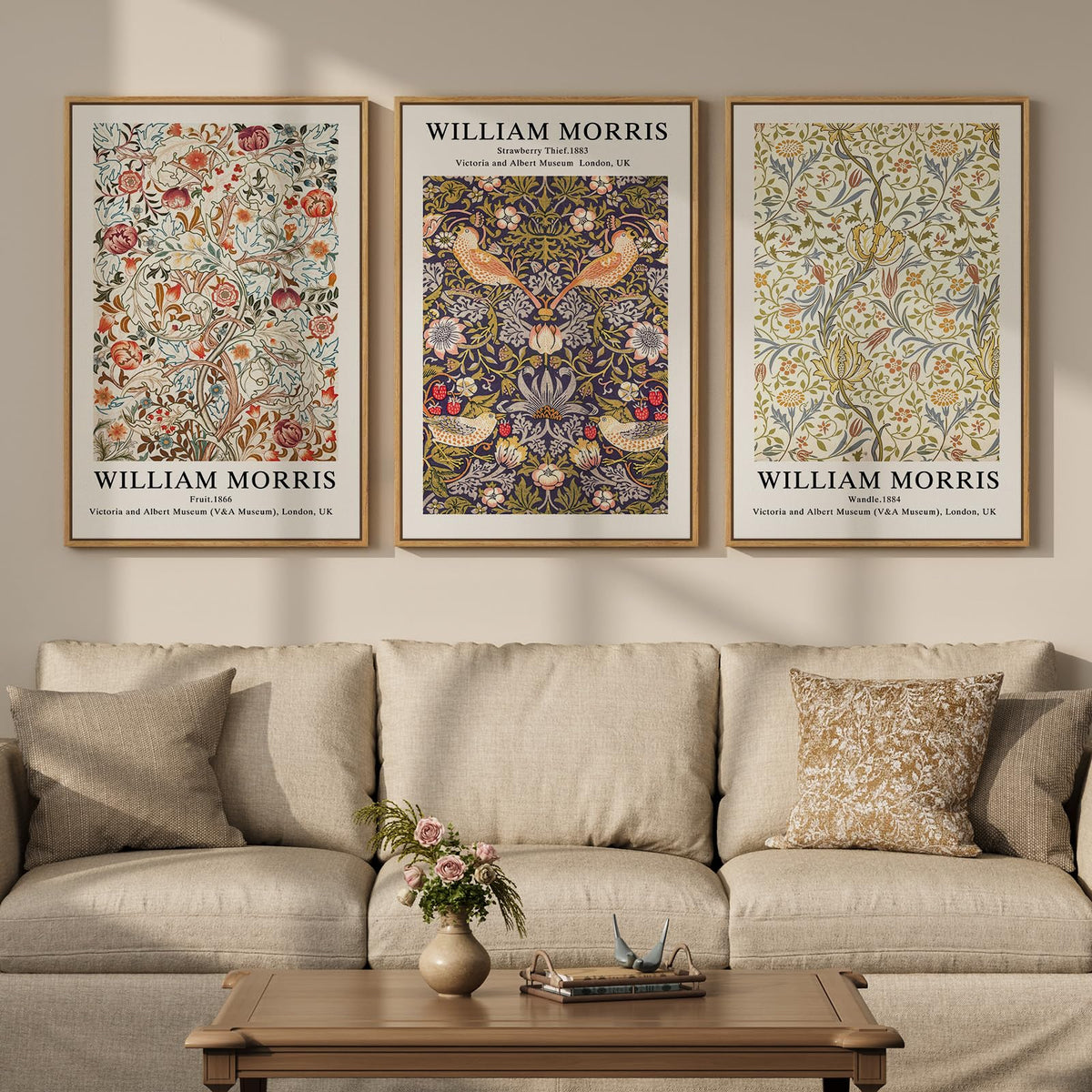 Framed Vintage William Morris Boho Canvas Wall Art for Living Room, 3 Piece