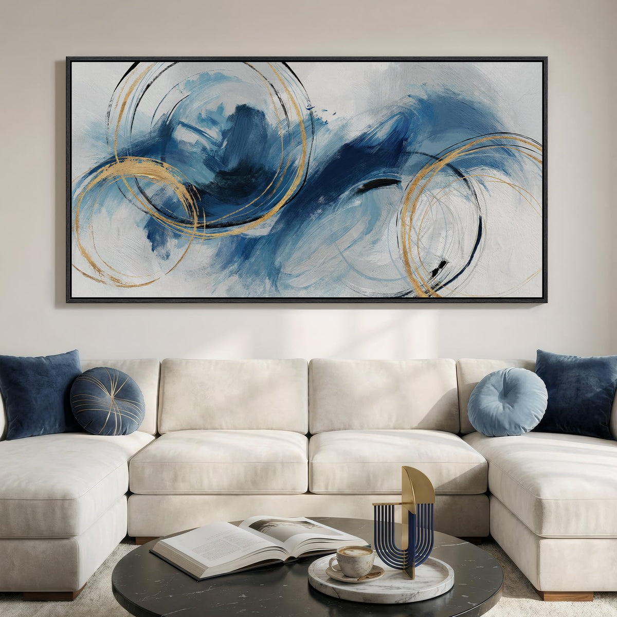 Large Framed Neutral Abstract Wall Art for Living Room, Horizontal 30x60 In