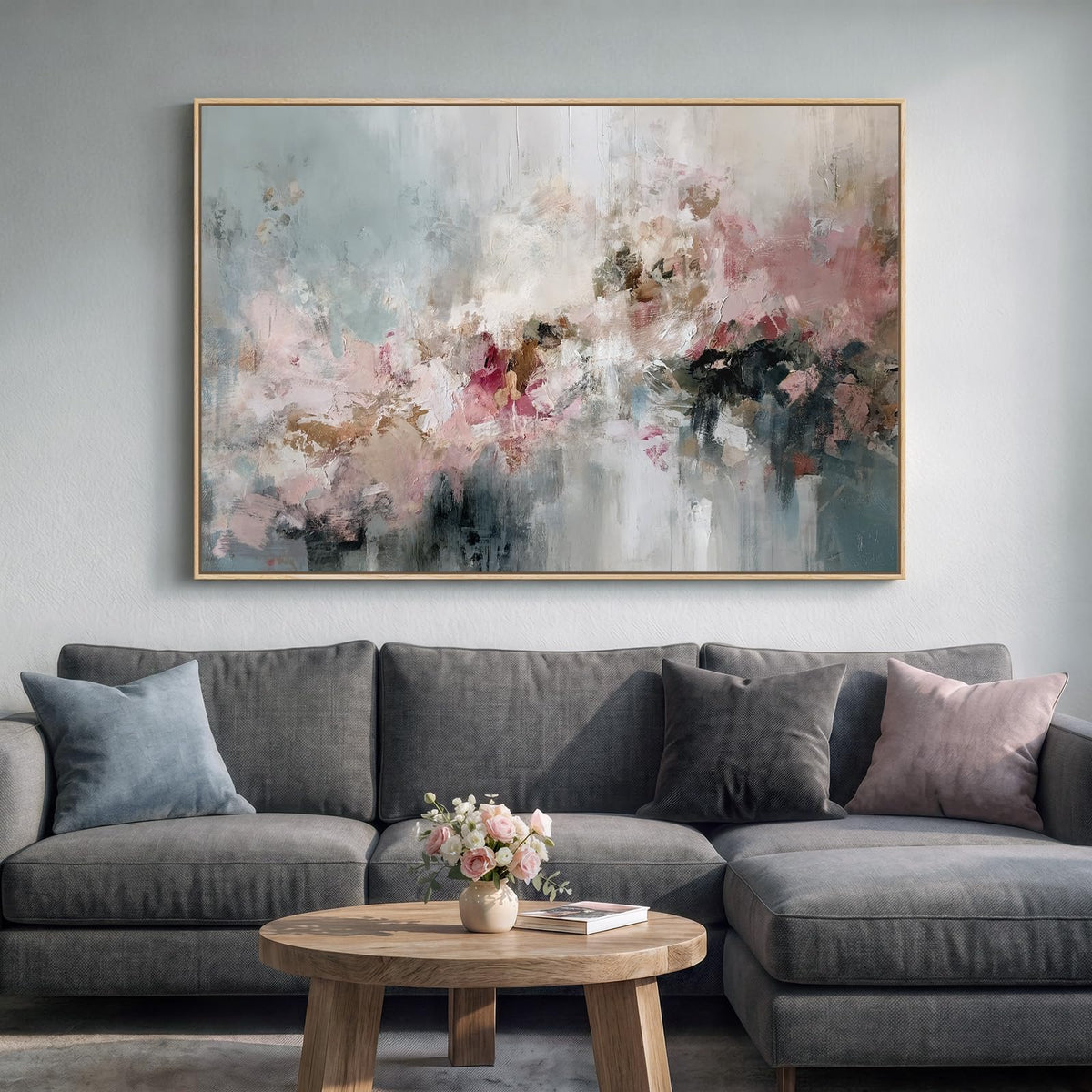 Large Framed Neutal Abstract Landscape Wall Art for Living Room, 60x30 In