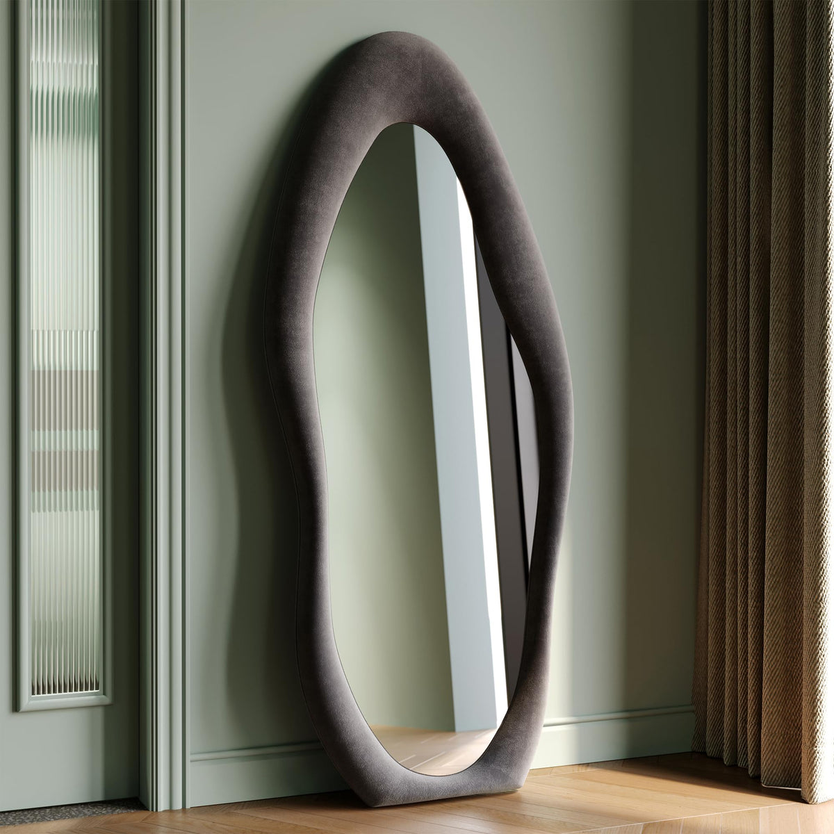 Honyee 55" x 24" Wall Mirror, Flannel Wrapped Wooden Frame Wavy Mirror, Irregular Mirror Hanging for Cloakroom/Bedroom/Living Room, Ivory White