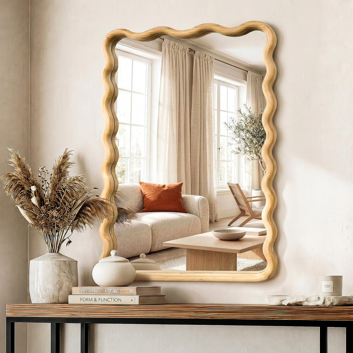 FICTOR Round Wood Wall Mirror, 36" Boho Wavy Circle Mirror