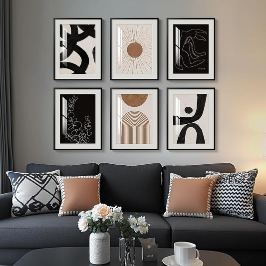 Framed Boho Black and White Brown Modern Abstract Wall Art for Living Room