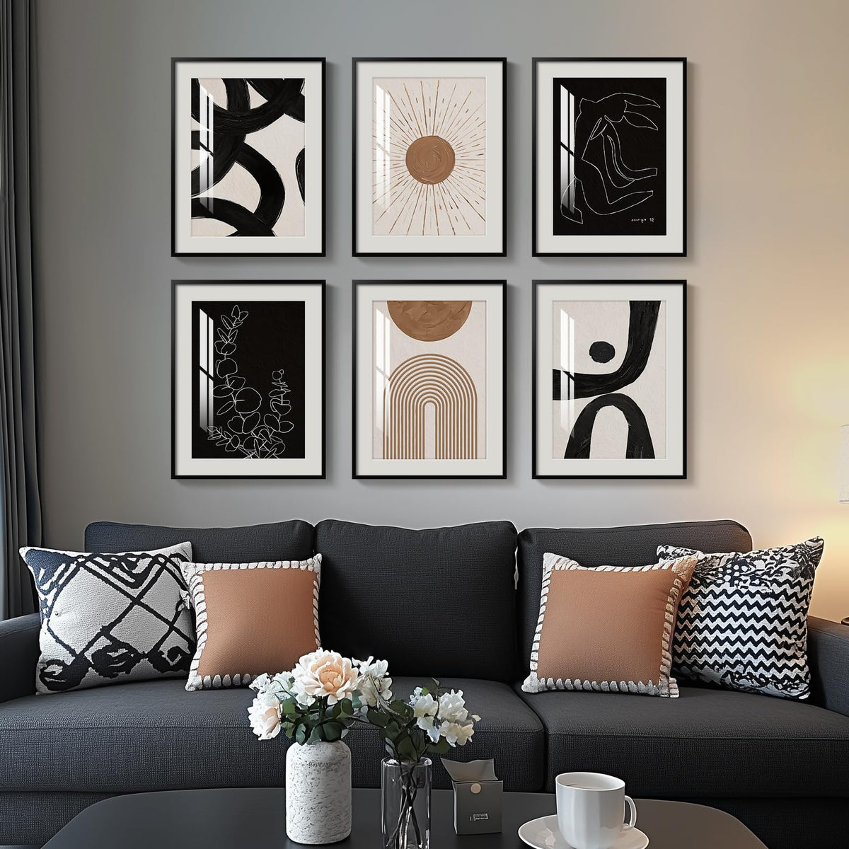 Framed Boho Black and White Brown Modern Abstract Wall Art for Living Room