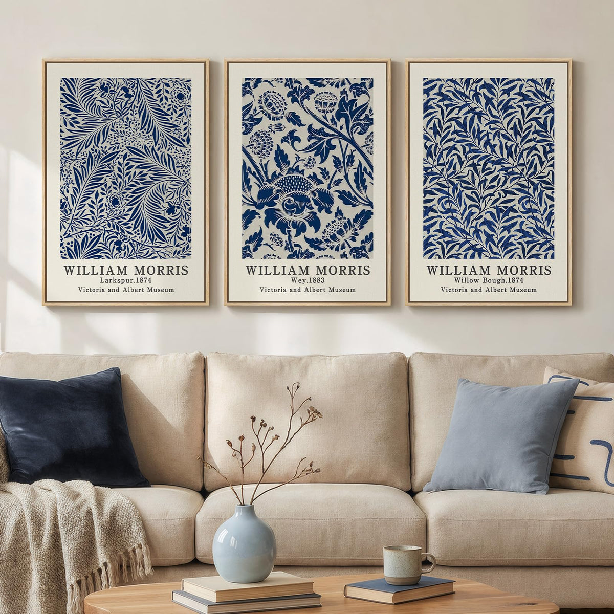 Framed Vintage William Morris Boho Canvas Wall Art for Living Room, 3 Piece