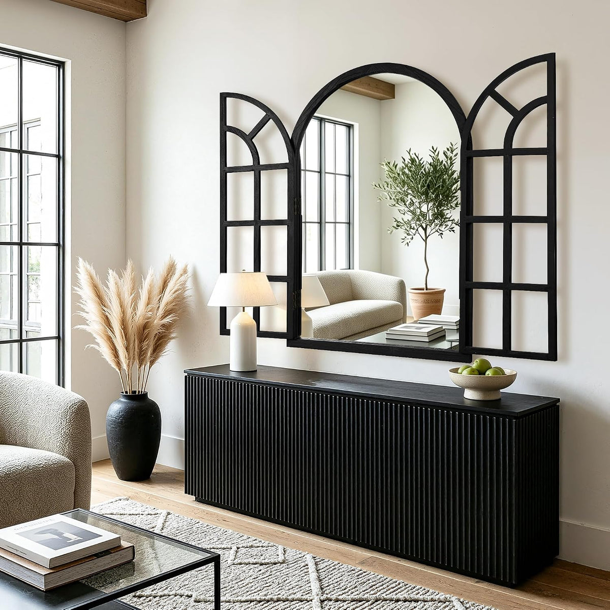 Arched Wood Mirror for Wall, 28" x 40" Rustic Farmhouse Mirror, Black