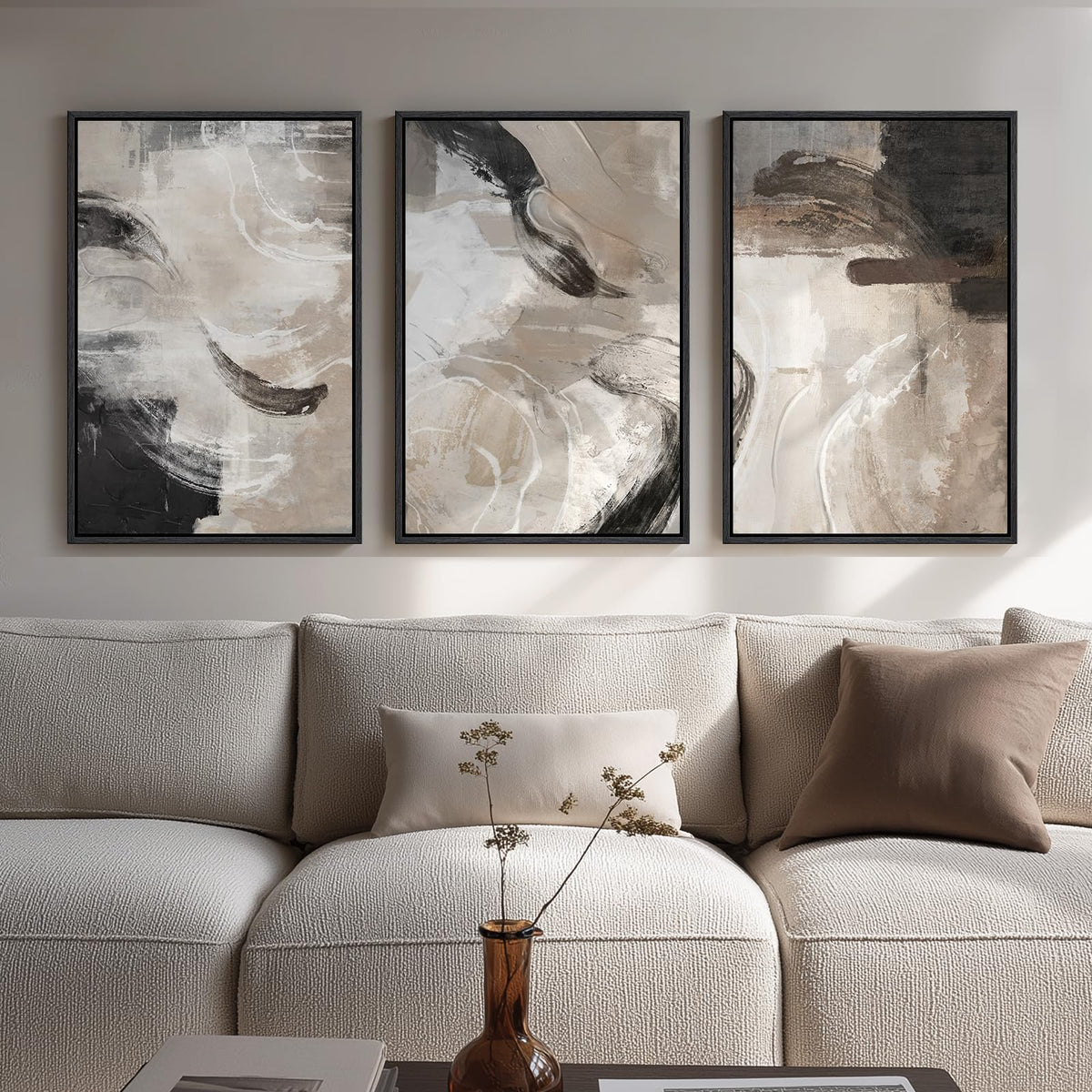 Framed Modern Rustic Neutral Abstract Wall Art, 3 Piece Set, Each 16x24 In